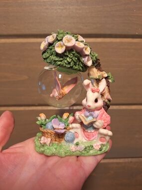 Decorative Pink Bunny Reading Figurine with Glass Orb